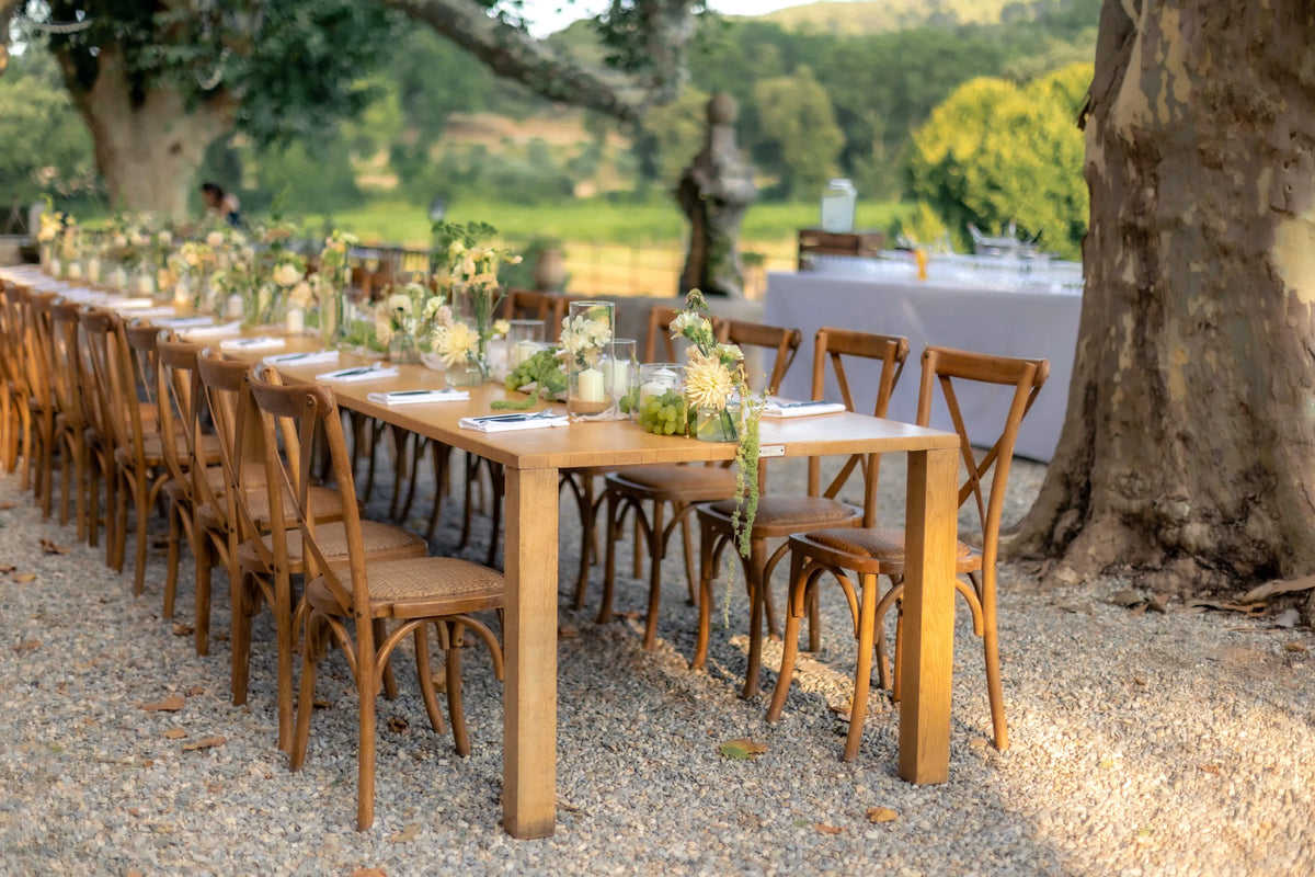 Grande tablée dressée sous les platanes