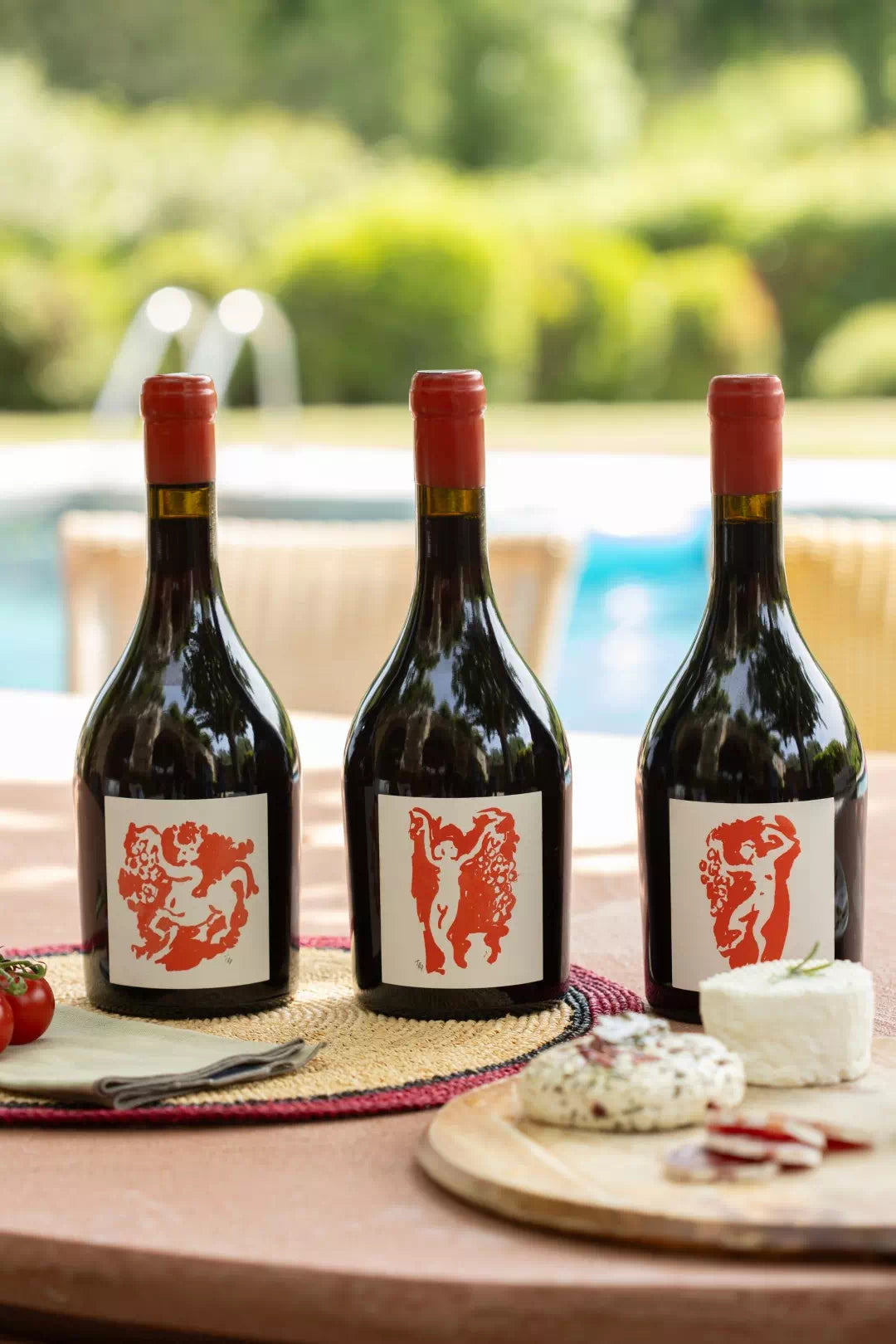 Trois bouteilles de Terrubi sur une table au bord de la piscine, avec des fromages
